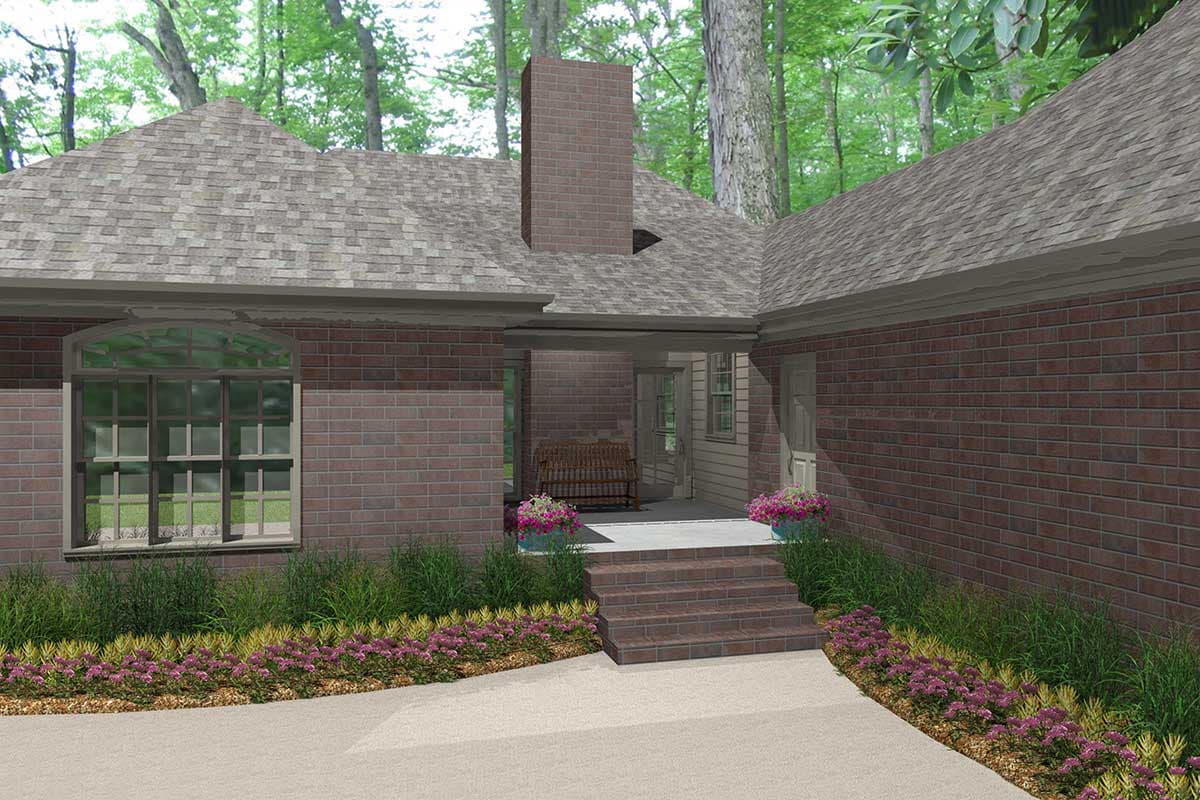 House plan exterior with brick facade, peaked roof, large arched window, and covered porch with bench.