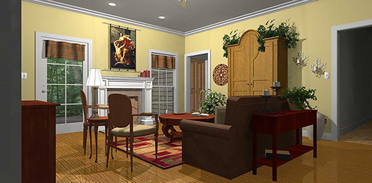 Living room rendering with fireplace, large windows, wood flooring, and a decorative armoire.