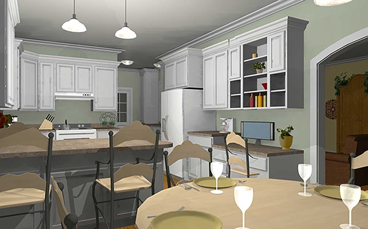 Kitchen with island seating, white cabinets, granite countertops, refrigerator, stove, and dining table.