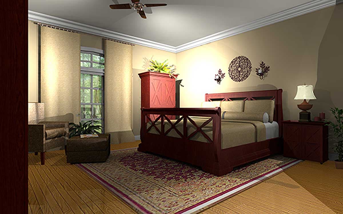 Bedroom rendering with a dark wood bed frame, patterned rug, armchair, ottoman, and window with beige curtains.