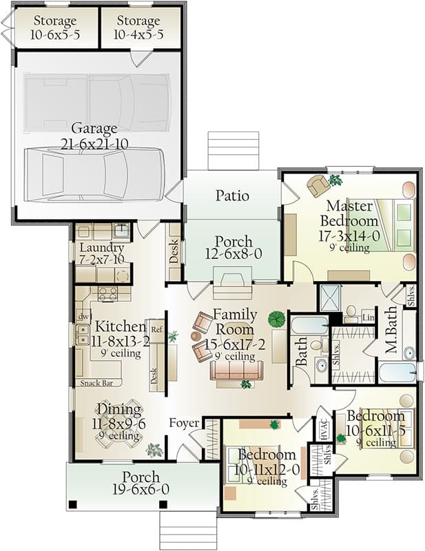 Plan 62125V: Southern Ranch with 3 Clustered Bedrooms - Floor Plan - Main Level - Ranch, Southern