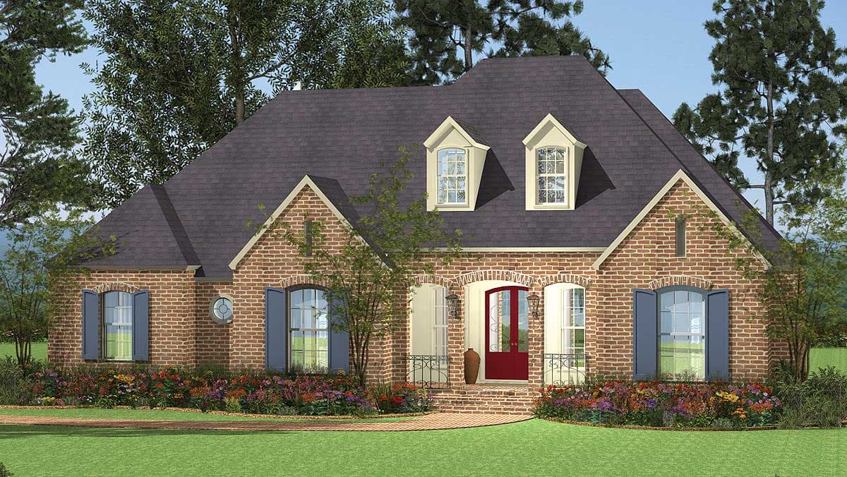 House plan exterior of a two-story brick home with a prominent red door, multiple gables, dormers, and arched windows.