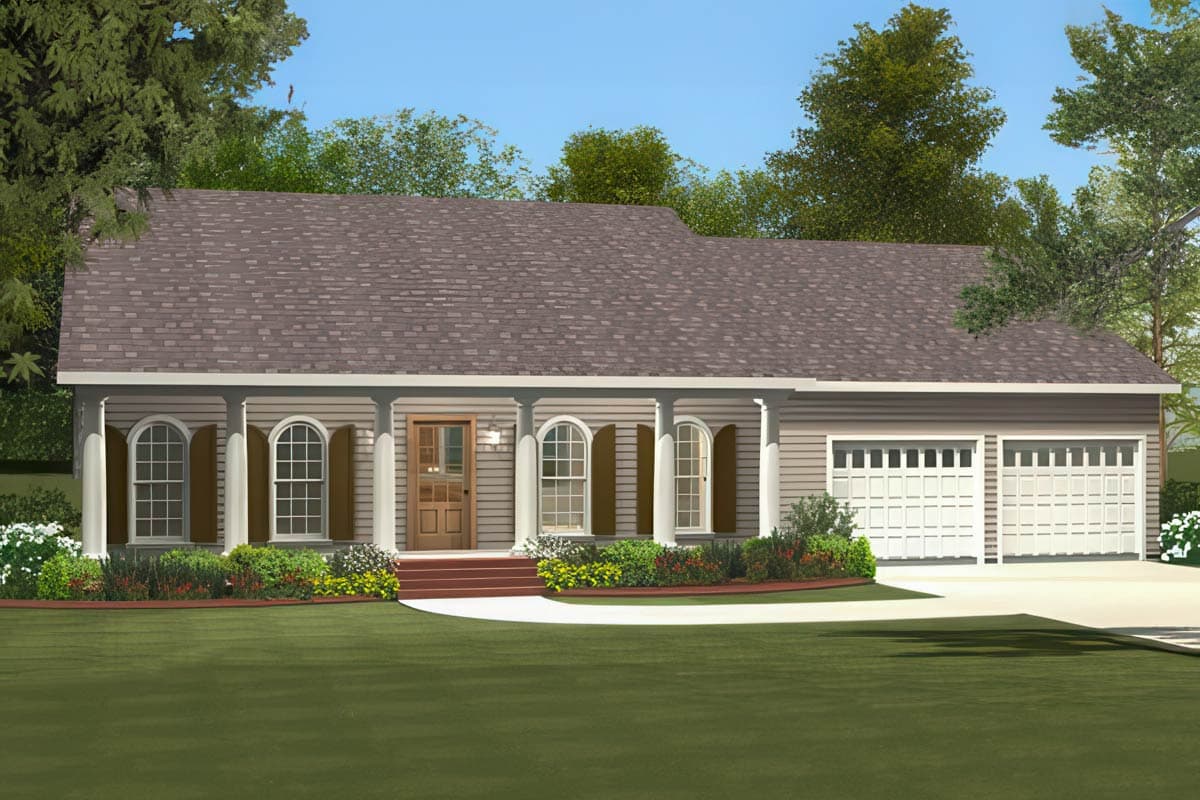 Ranch style house plan exterior with full-length porch, arched windows, and a two-car garage.