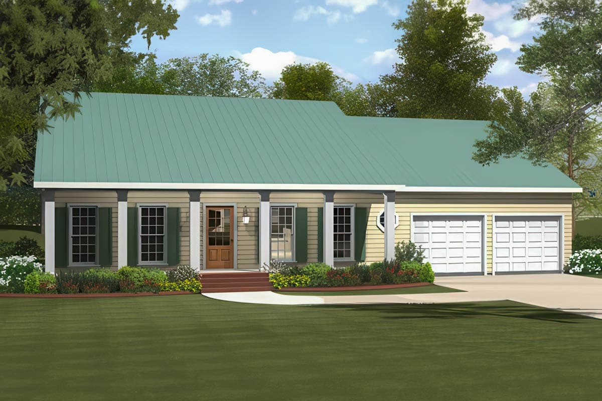 House plan exterior with green metal roof, covered porch with columns, and attached two-car garage. Single story Ranch style home.