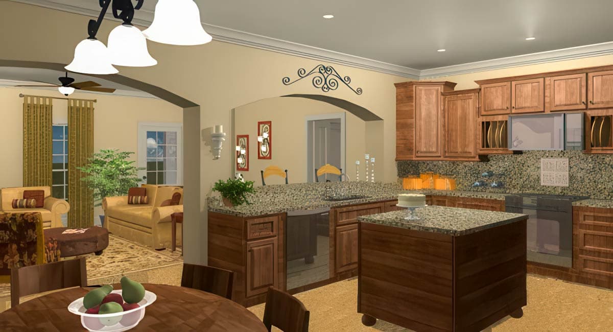 Interior rendering of a kitchen with a large island, granite countertops, wood cabinets, and an adjacent living area with seating.