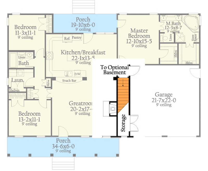 Plan 62129V: Split Bedroom Ranch Home Plan - 1633 Sq Ft - Floor Plan - Basement Stairs Location - Ranch, Traditional