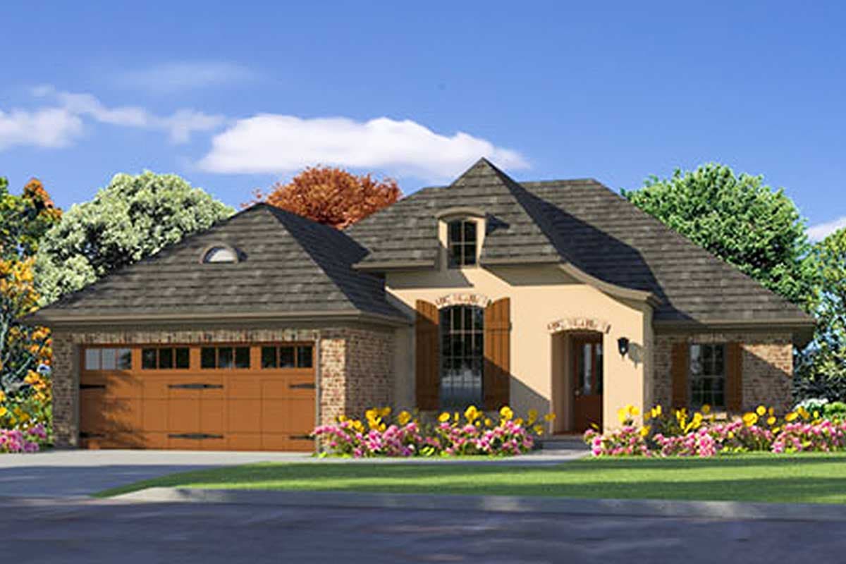 House plan exterior. One-story French Country style home with a gabled roof, dormer, and attached garage. Includes brick accents and shutters.
