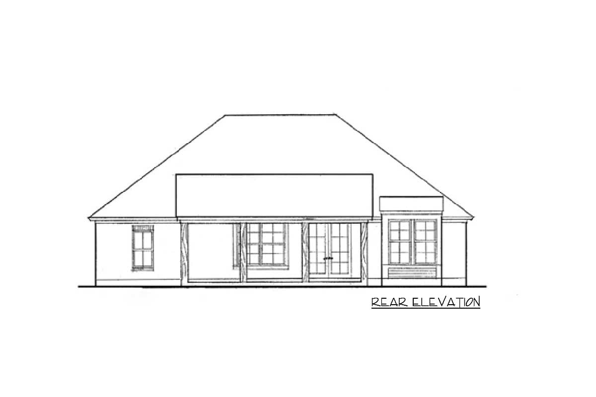 Rear elevation drawing of a single-story house plan featuring a prominent hipped roof, covered porch with columns, and multiple windows.