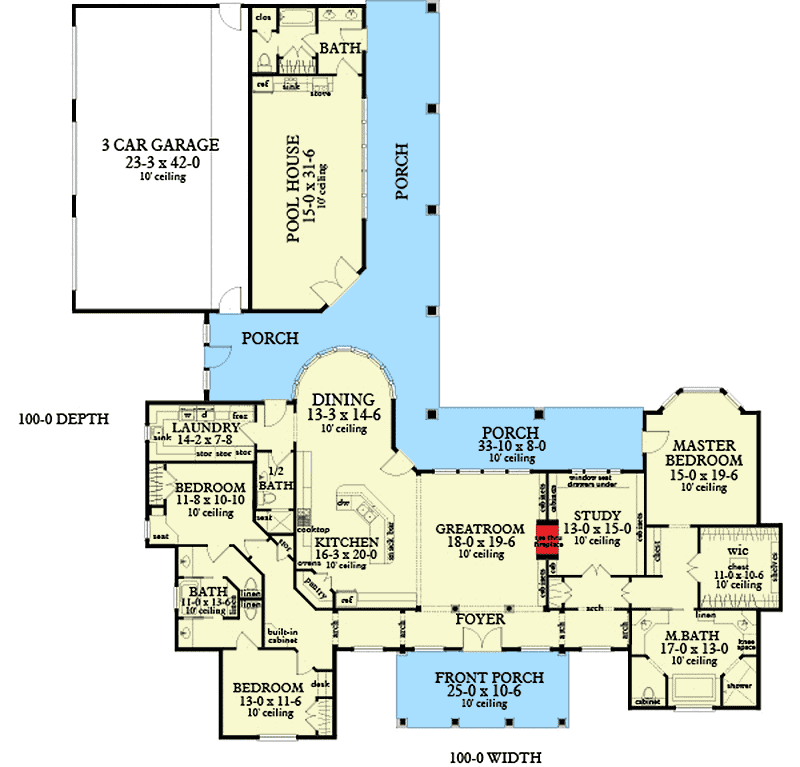 Plan 62134V: Ranch Home Plan with Poolhouse - Floor Plan - Main Level - French Country, Ranch
