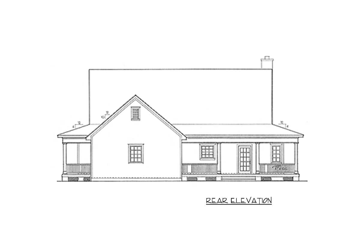 Rear elevation drawing of a one-story house with a prominent gable, dormer, chimney, and covered porch with columns.