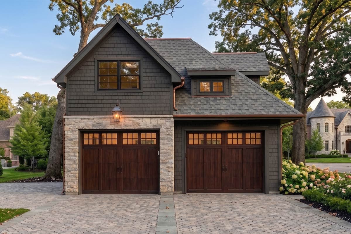 House plan exterior showing a two-story home with a brick base, siding, double garage, gables, and dormer windows.