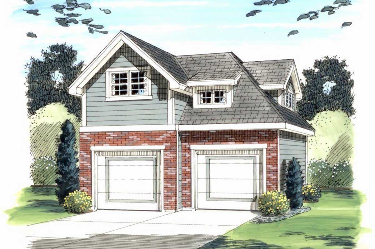House plan exterior showing a two-story home with a brick base, siding, double garage, gables, and dormer windows.
