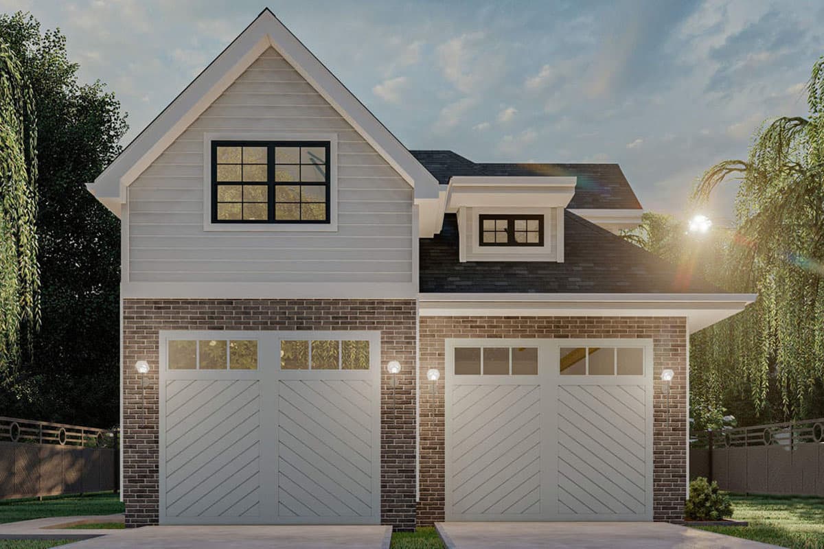 Modern Farmhouse house plan exterior with brick base, two garage doors, and upper-level gable with dormer.