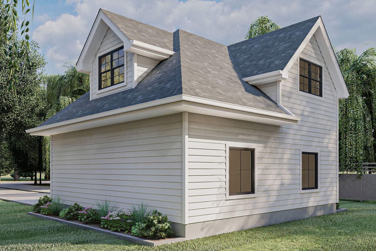 House plan exterior: two-story, light siding, gambrel roof, dormer, and gabled dormer with black-paned windows.