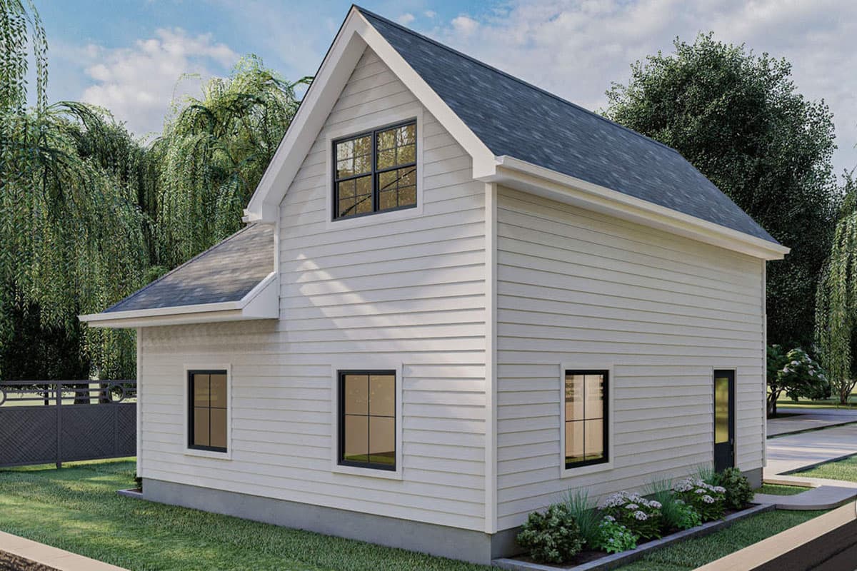 House plan exterior rendering of a two-story Modern Farmhouse with gabled roof, horizontal siding, and black-framed windows.