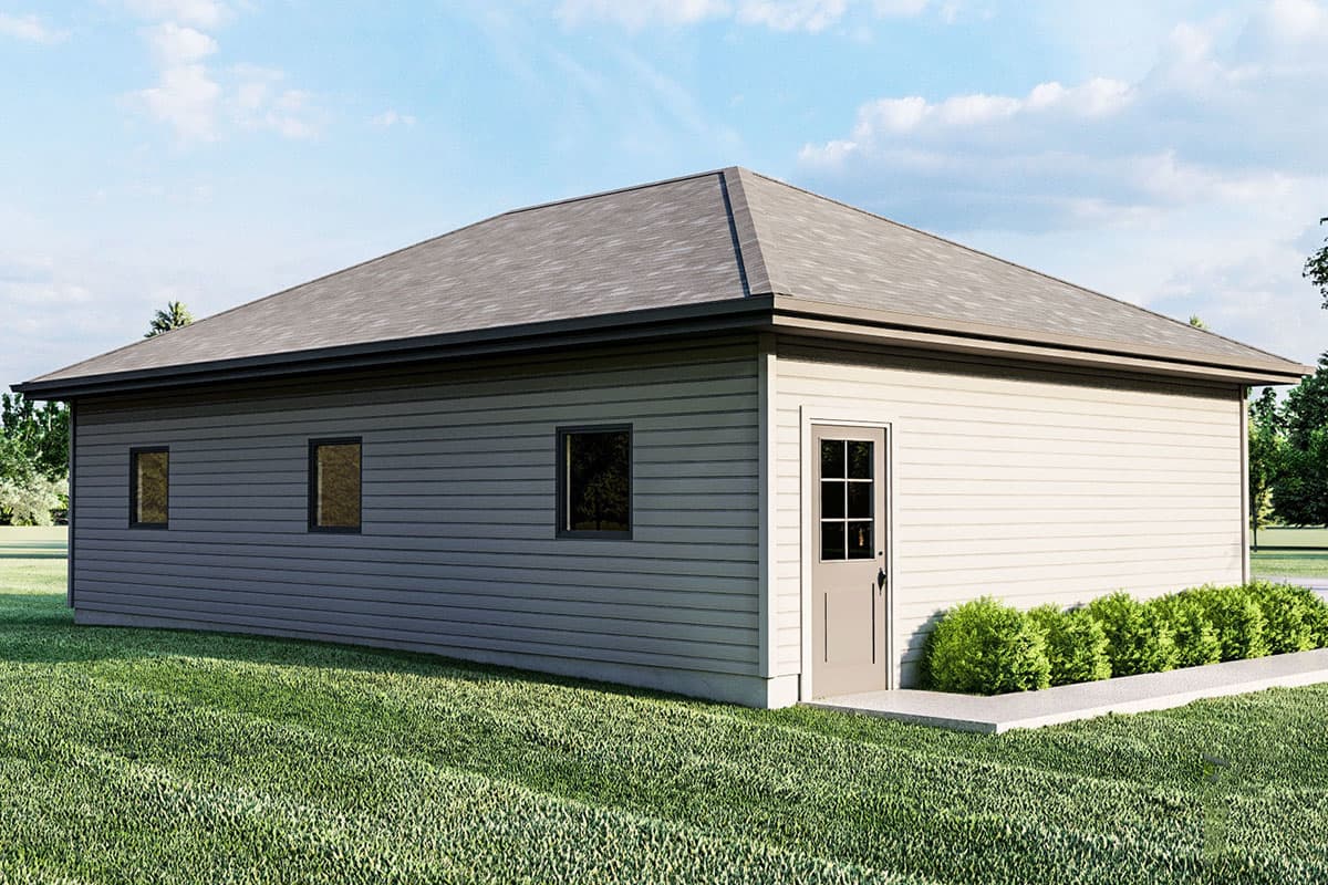 House plan exterior with hip roof, horizontal siding, three windows, and a single entry door.