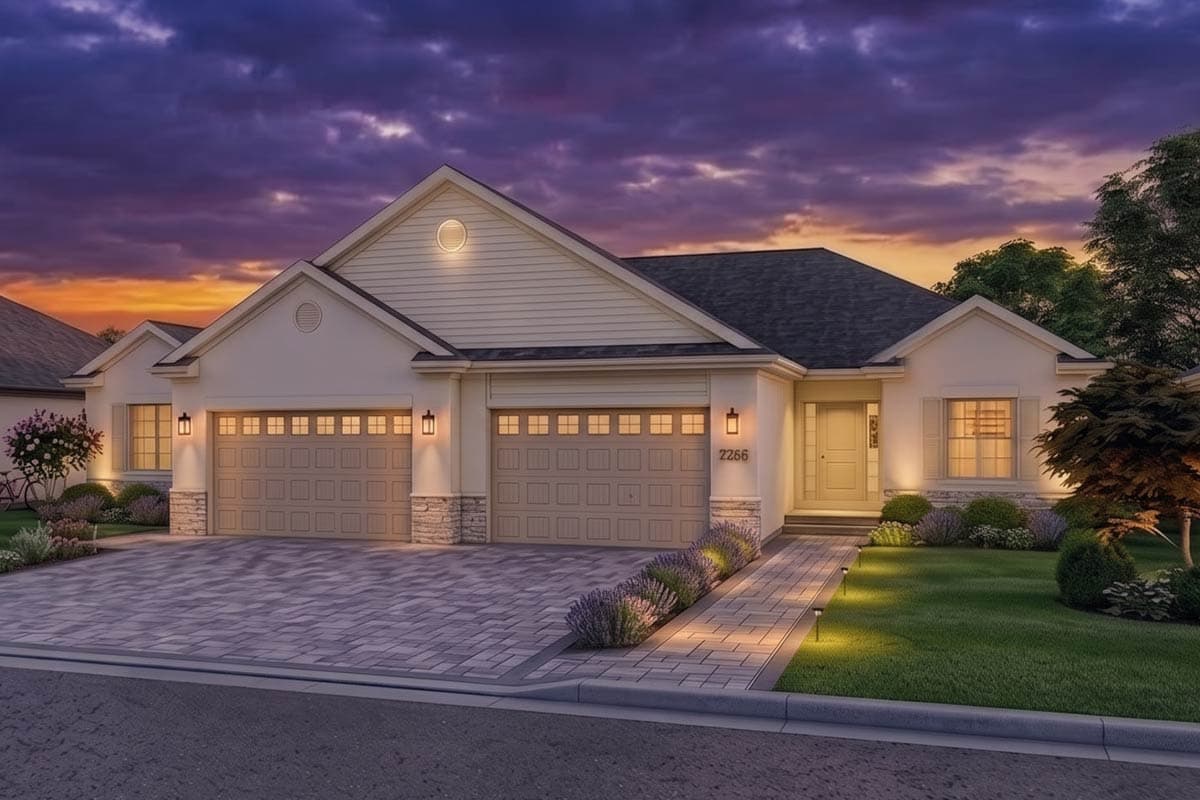 House plan exterior: single-story modern home with a three-car garage, gabled front, and stone accents.