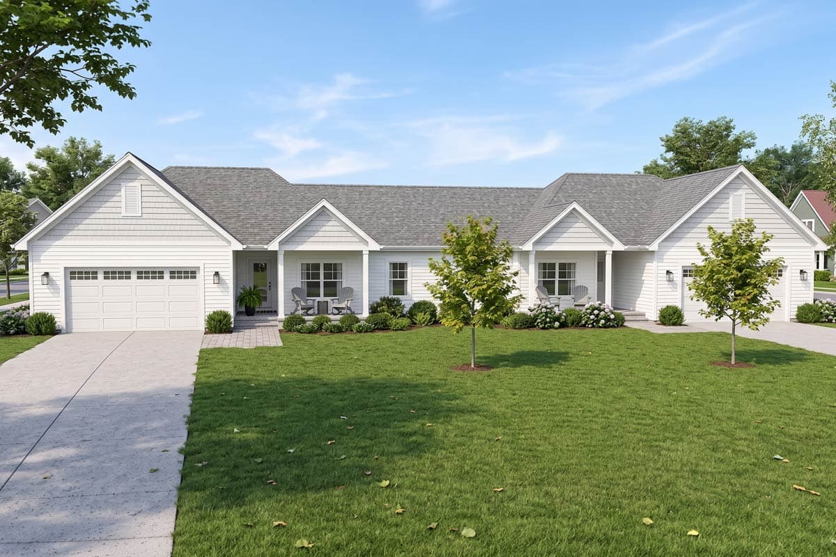 House plan exterior: one-story, symmetrical design with two garages, central porch entry, and gabled dormers.