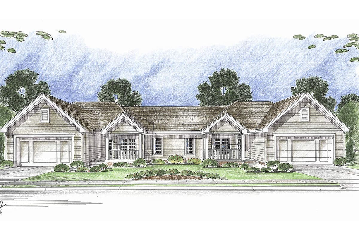 House plan exterior: one-story, symmetrical design with two garages, central porch entry, and gabled dormers.