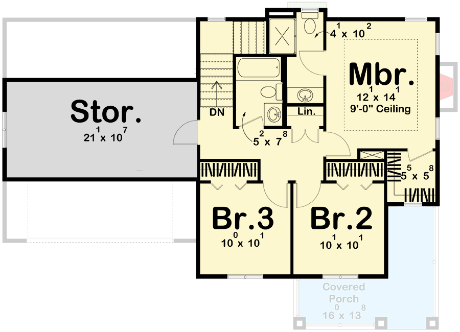 Plan 62407DJ: 2-Story Traditional House Plan with Wrap Around Porch - 1388 Sq Ft - Floor Plan - 2nd Floor - Country, Farmhouse, Traditional