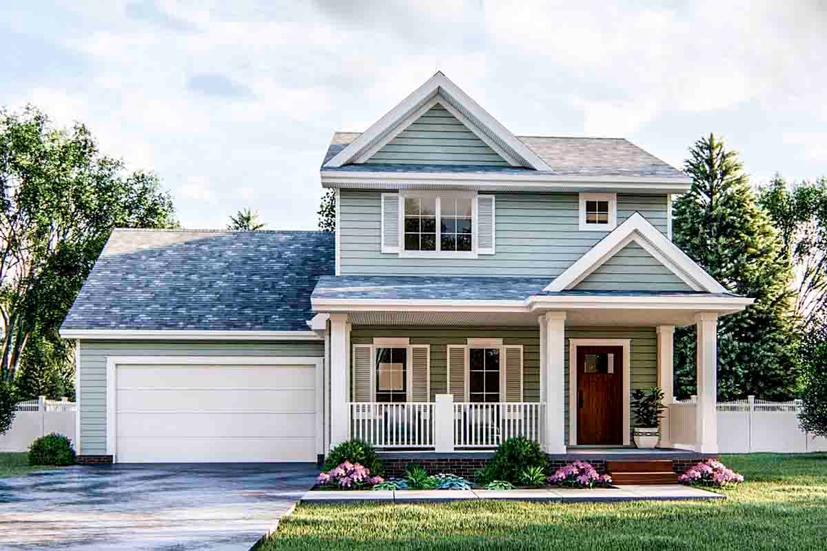 House plan exterior. Two-story home with Craftsman style, front porch with columns, gabled roof, and attached garage with a side-facing roofline.