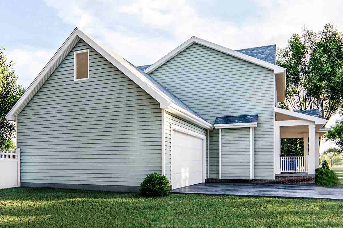 House plan exterior features a two-story design with vinyl siding, gabled rooflines, a dormer window, and an attached garage.