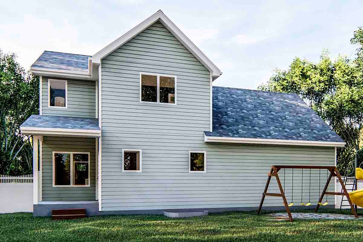 House plan exterior: Two-story home with vinyl siding, gabled roof, and a covered entrance with white pillars.