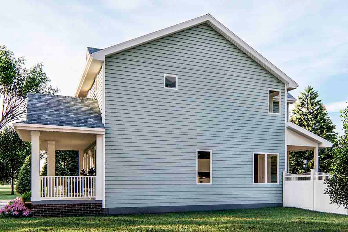 House plan exterior showing a two-story home with vinyl siding, a covered porch with white railings, and gabled dormers.