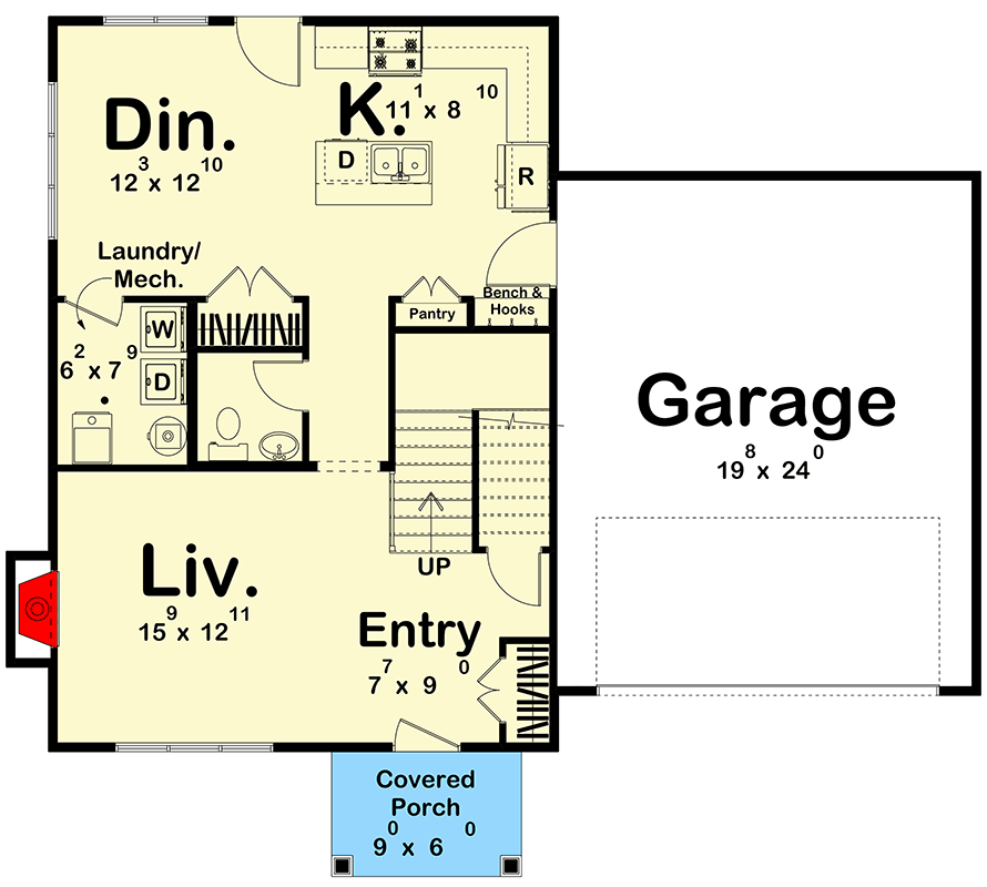 Plan 62411DJ: Charming 3-Bedroom Modern Farmhouse Plan with 1558 Sq Ft and 2-Car Garage - Floor Plan - Main Level - Country, Traditional