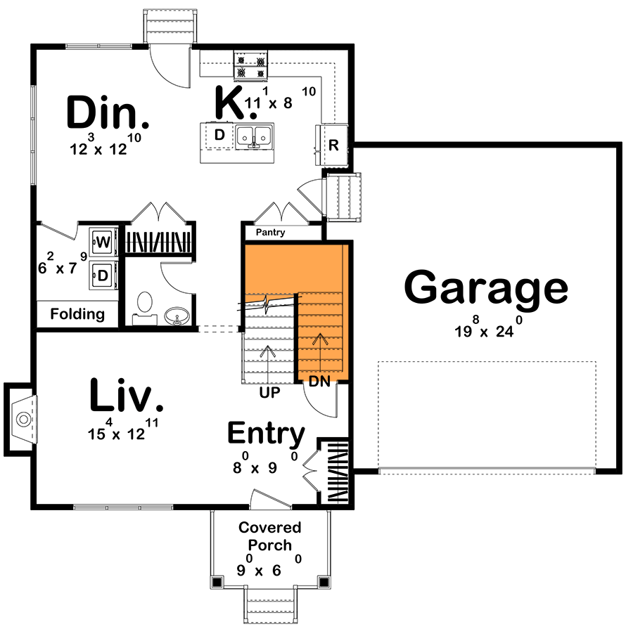 Plan 62411DJ: Charming 3-Bedroom Modern Farmhouse Plan with 1558 Sq Ft and 2-Car Garage - Floor Plan - Basement Stairs Location - Country, Traditional