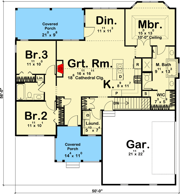Plan 62412DJ: One-Story Cottage with Alternate Modern Farmhouse Exterior - Floor Plan - Main Level - Cottage, Ranch, Traditional