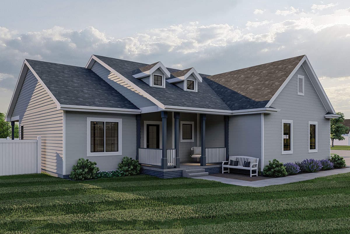 House plan exterior of a one-story Modern Farmhouse with a covered front porch, gables, and dormers.