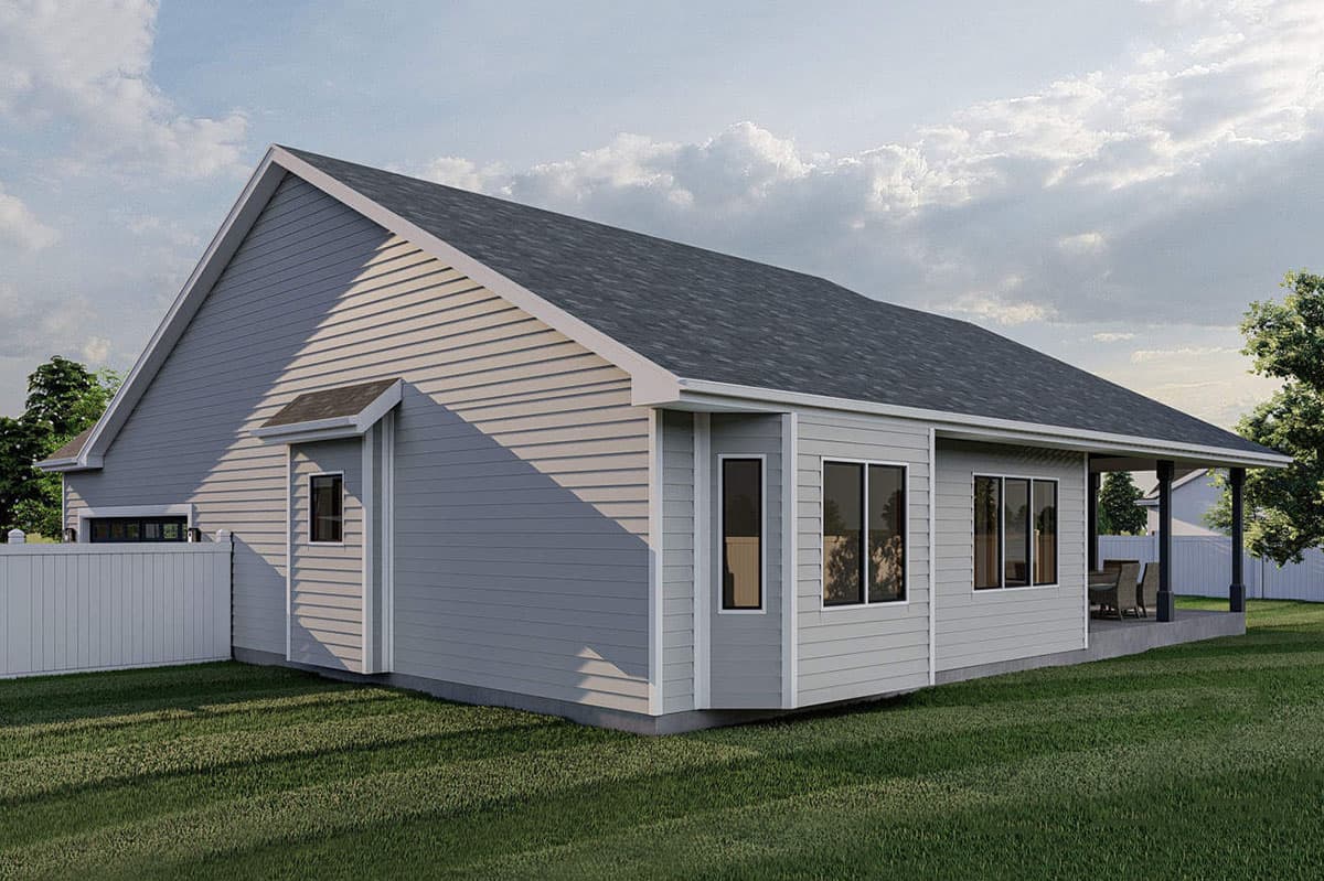 House plan exterior: One-story, gray vinyl siding, gable roof, attached garage, and covered patio.