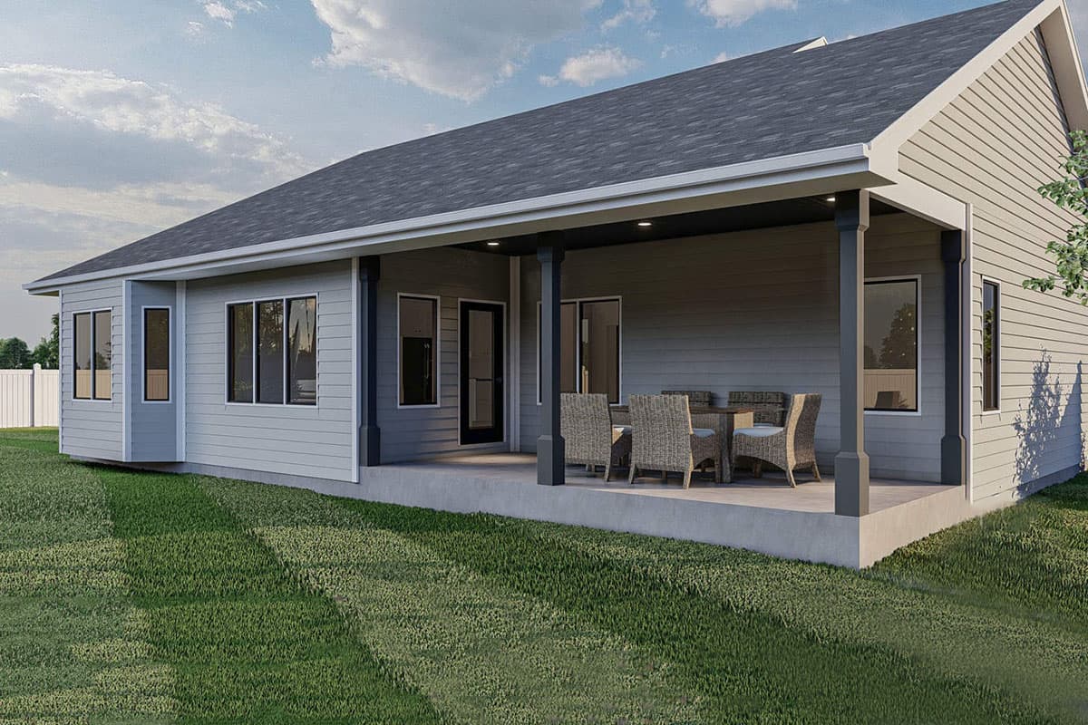 House plan exterior with covered patio, multiple windows, and gabled roofline.