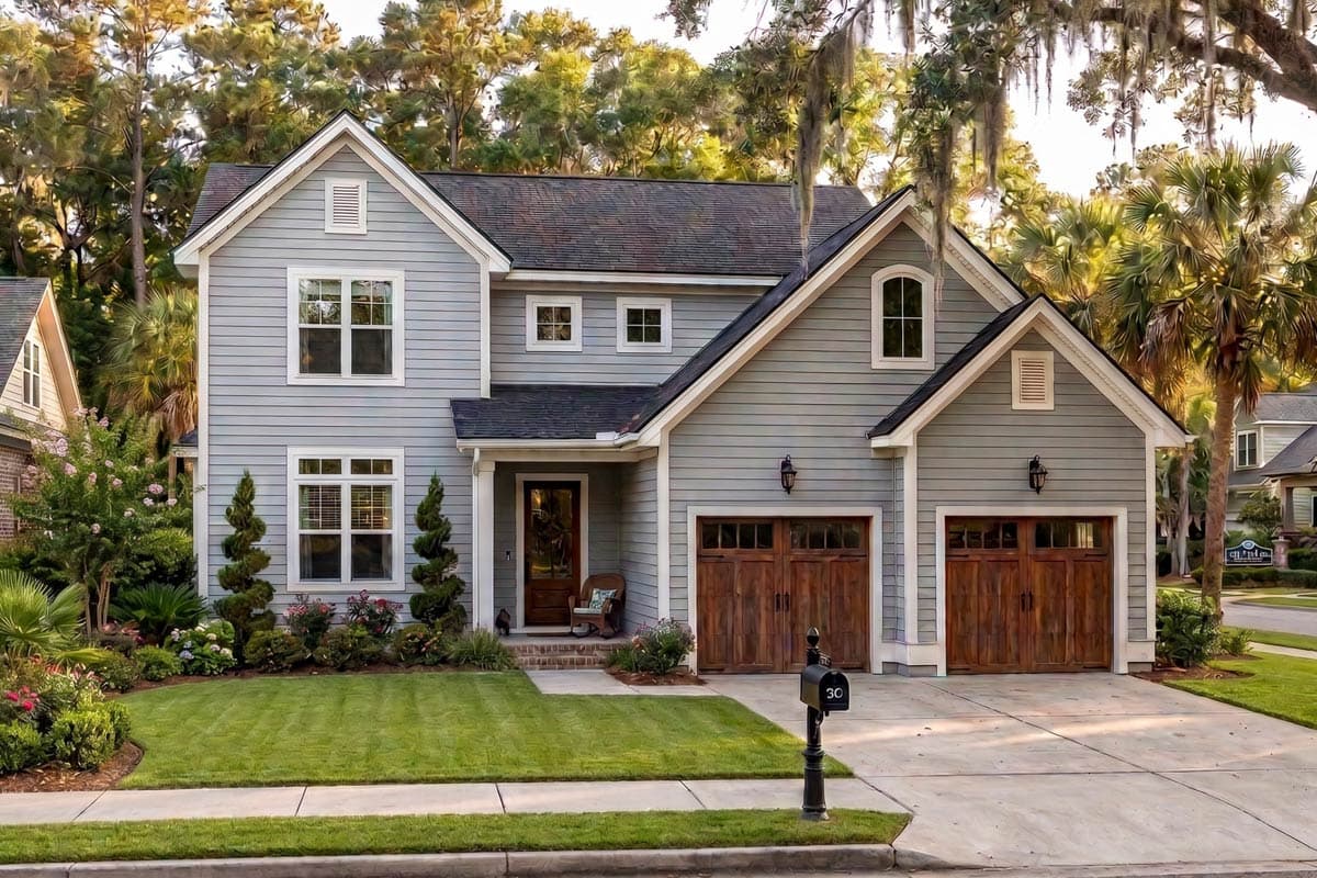 House plan exterior. Two-story with gabled roofline and dormers. Features a covered entry porch, a two-car garage, and double-hung windows.