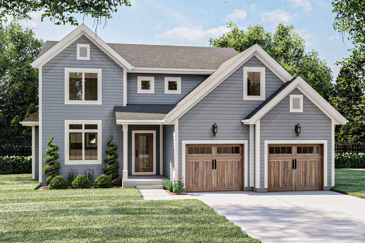 House plan exterior. Two-story with gabled roofline and dormers. Features a covered entry porch, a two-car garage, and double-hung windows.