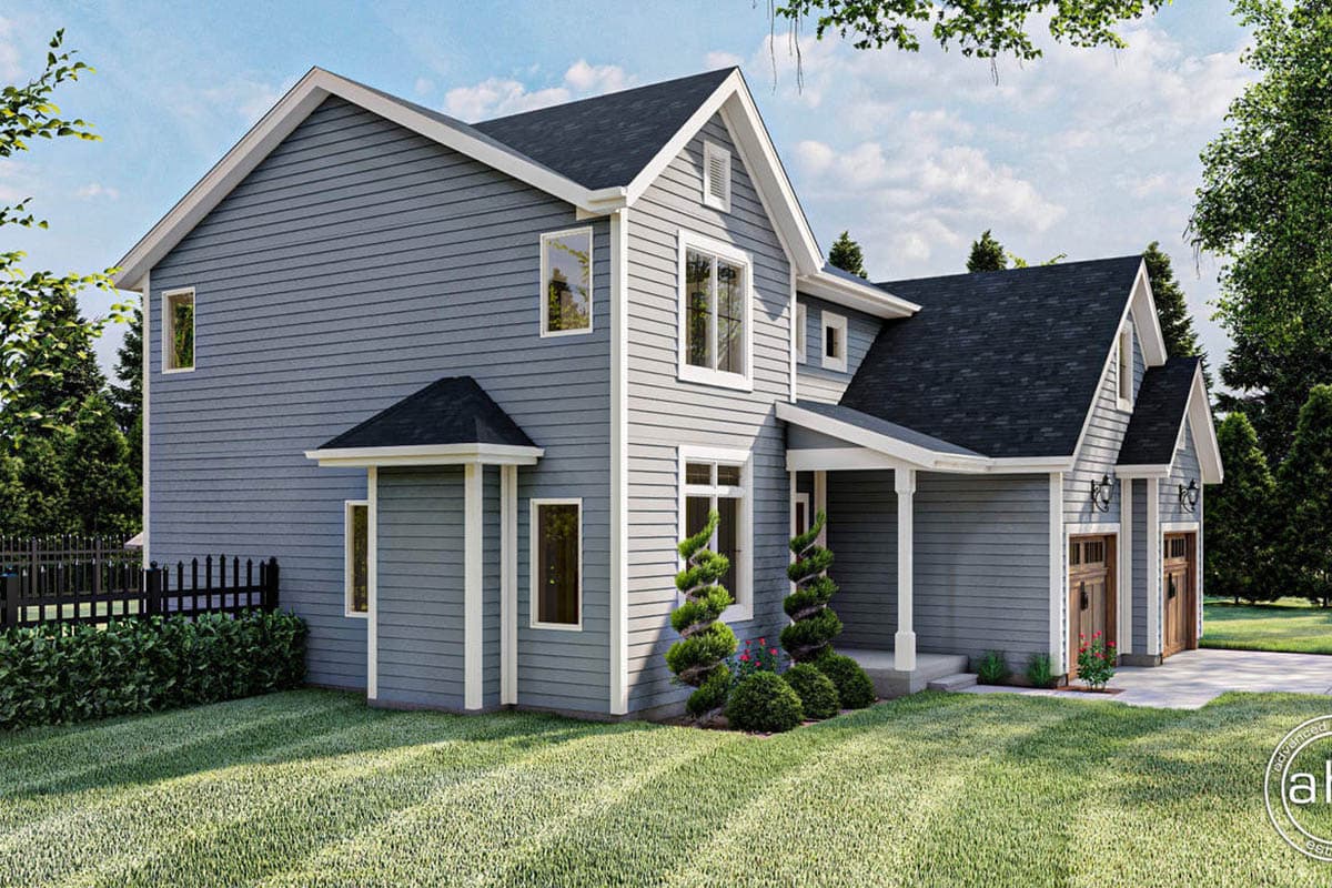 House plan exterior: Two-story home with gabled roof, covered porch, and attached two-car garage.