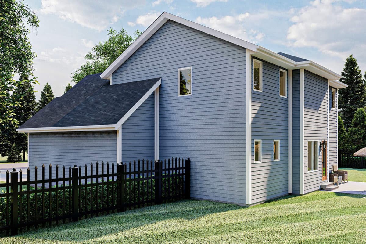 House plan exterior rendering of a two-story home with blue siding, white trim, asphalt roof, and attached garage.