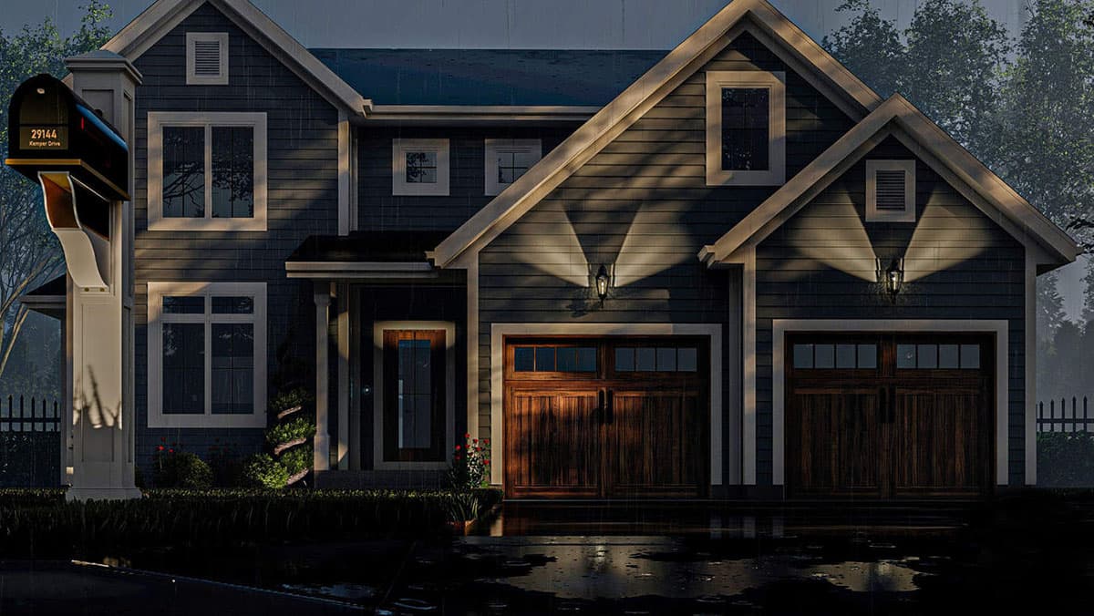 House plan exterior: two-story Modern Farmhouse with a covered front entry, gable dormers, and a three-car garage.