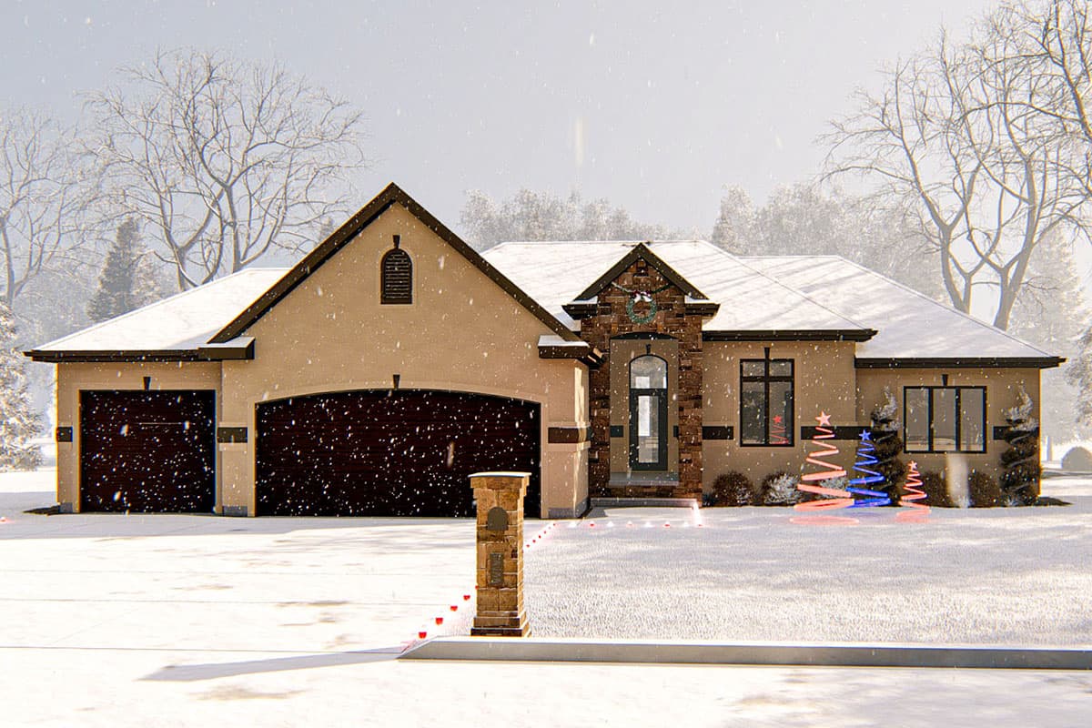House plan exterior: one-story home with a three-car garage, prominent gable with arched vent, and stone-clad entrance.