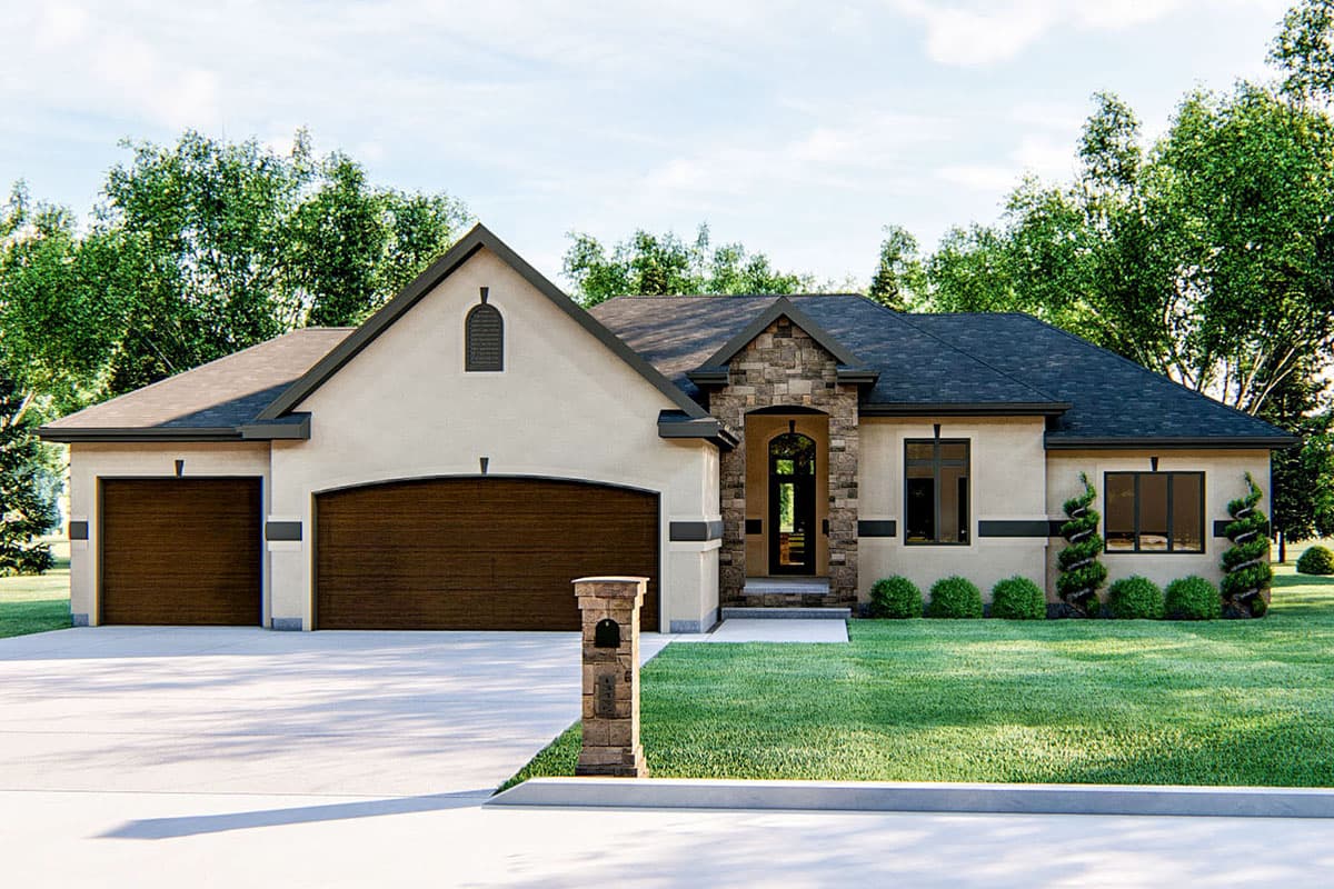 House plan exterior: Ranch style, stucco finish, arched entryway with stone accents, three-car garage.