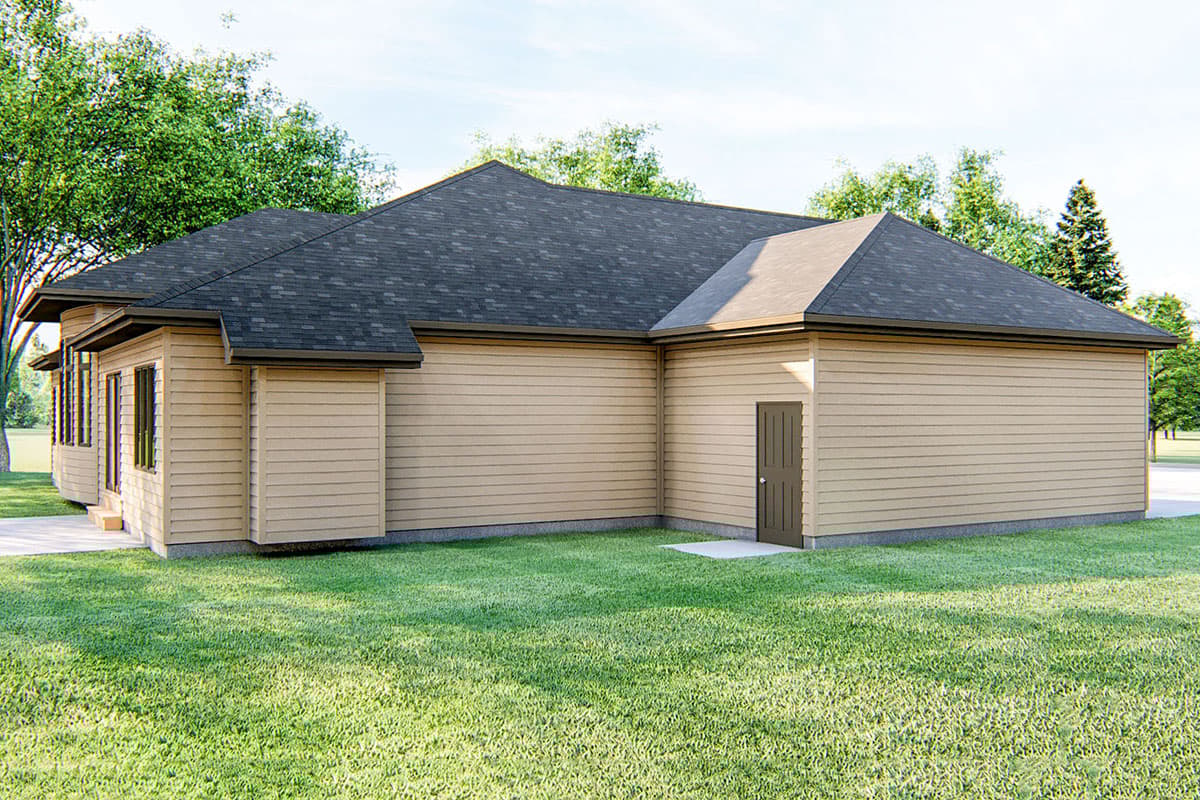 House plan exterior: single-story ranch with tan horizontal siding, hip roof, and two doors.