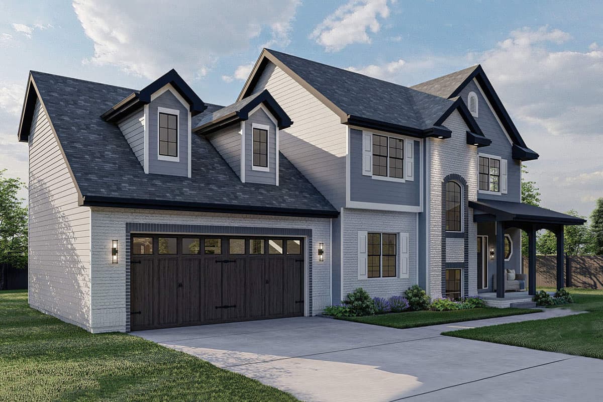 Two-story house plan exterior with gables, dormers, a covered front porch, and a side-facing garage.