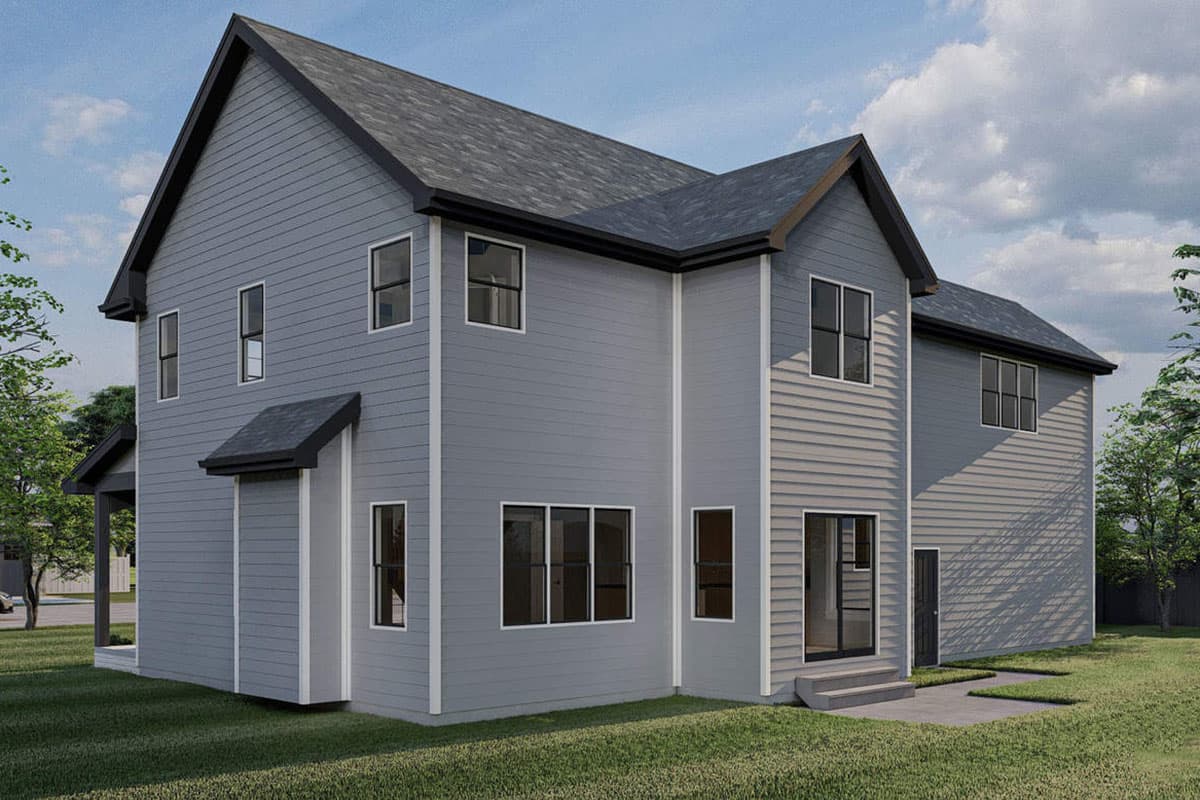 House plan exterior, two stories, gray siding, prominent gables, and dark trim. Features include multiple windows and a covered entrance.