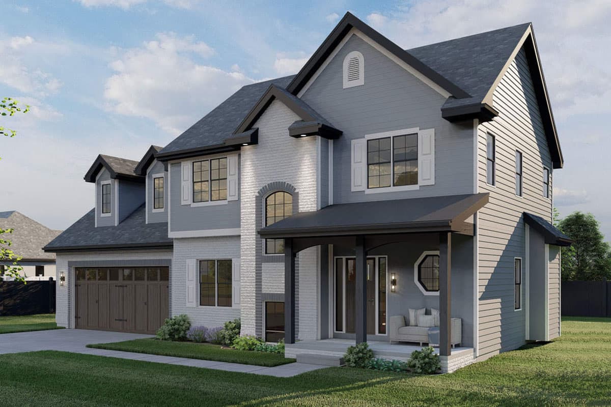 Two-story house plan exterior with a covered porch, dormers, white brick accent, and a two-car garage.