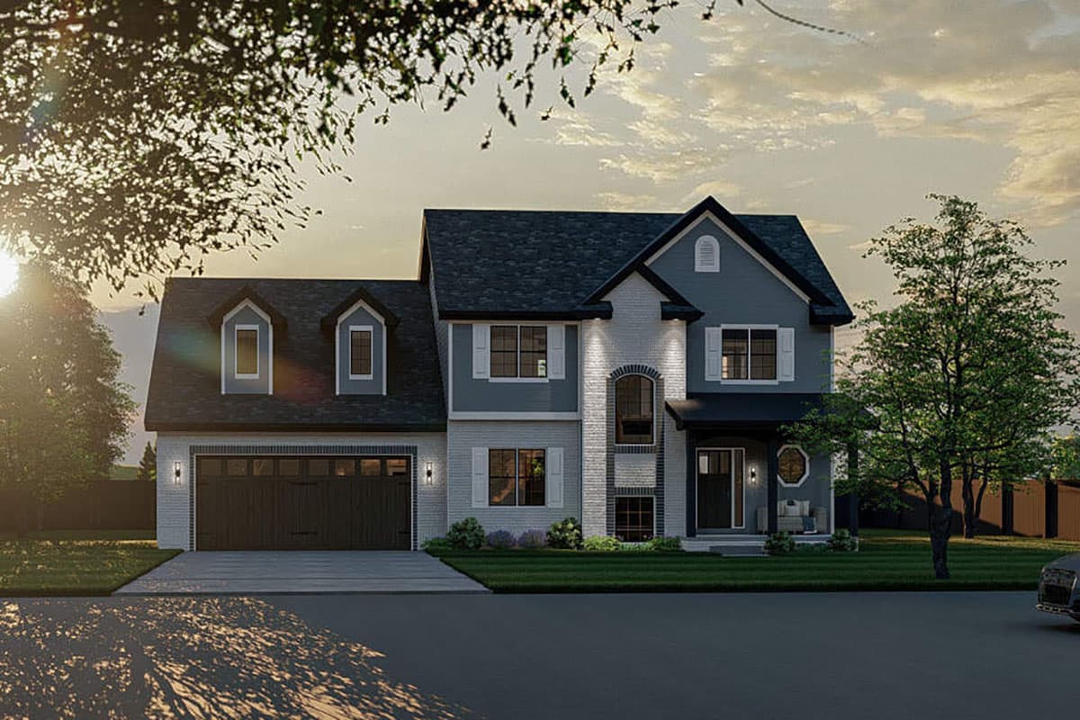 House plan exterior: two-story, two-car front-facing garage, dormers, arched windows, and covered entry.