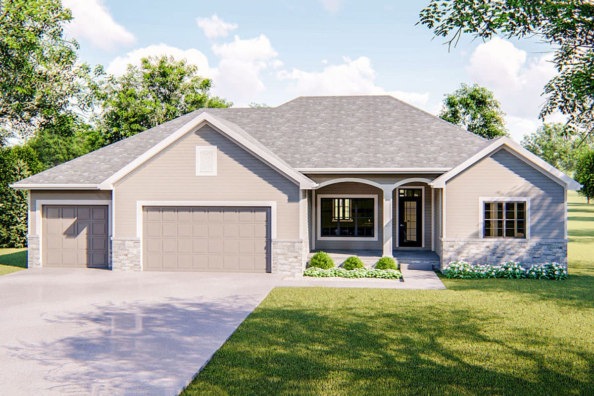House plan exterior: Ranch style, one story, with a side-entry three-car garage, arched entry, and stone base.