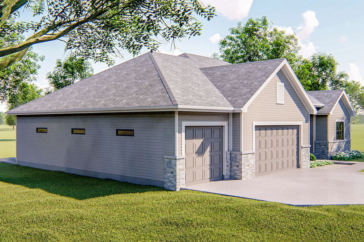 House plan exterior with a three-car garage, gable dormer, horizontal siding, and stone accents.
