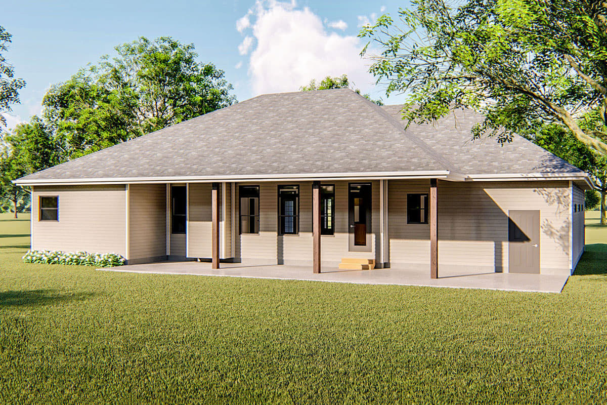 House plan exterior view of a single-story home with a covered patio, multiple windows, and a side-facing garage door.