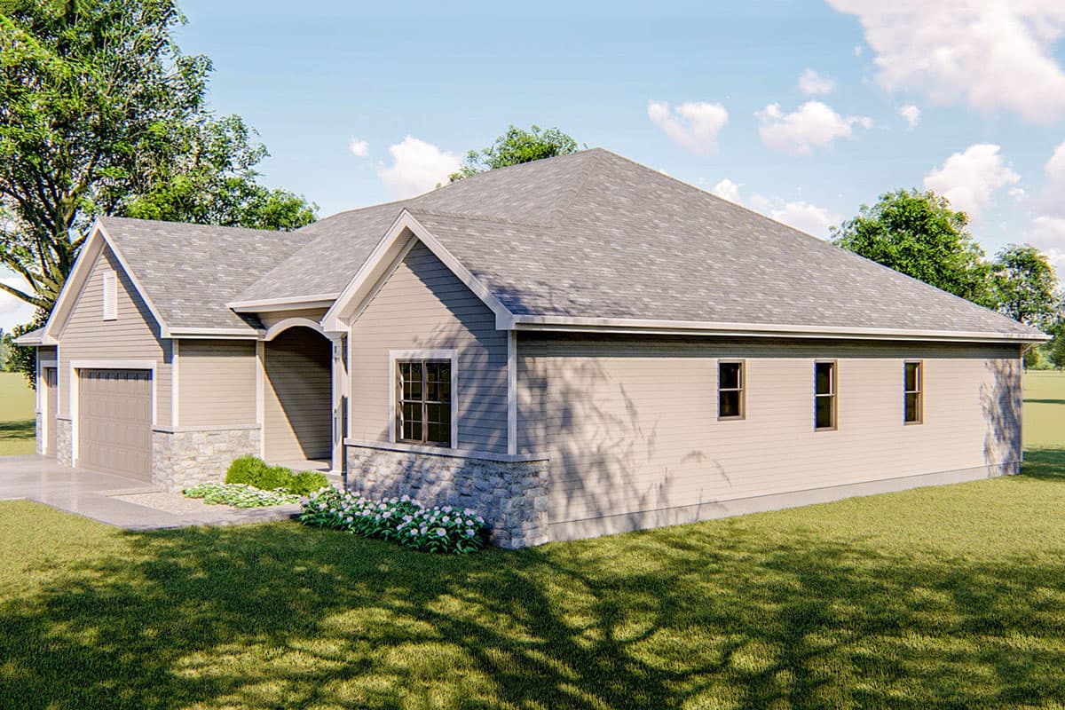 House plan exterior: one-story home with stone accents, arched entryway, gabled dormer, and attached garage.